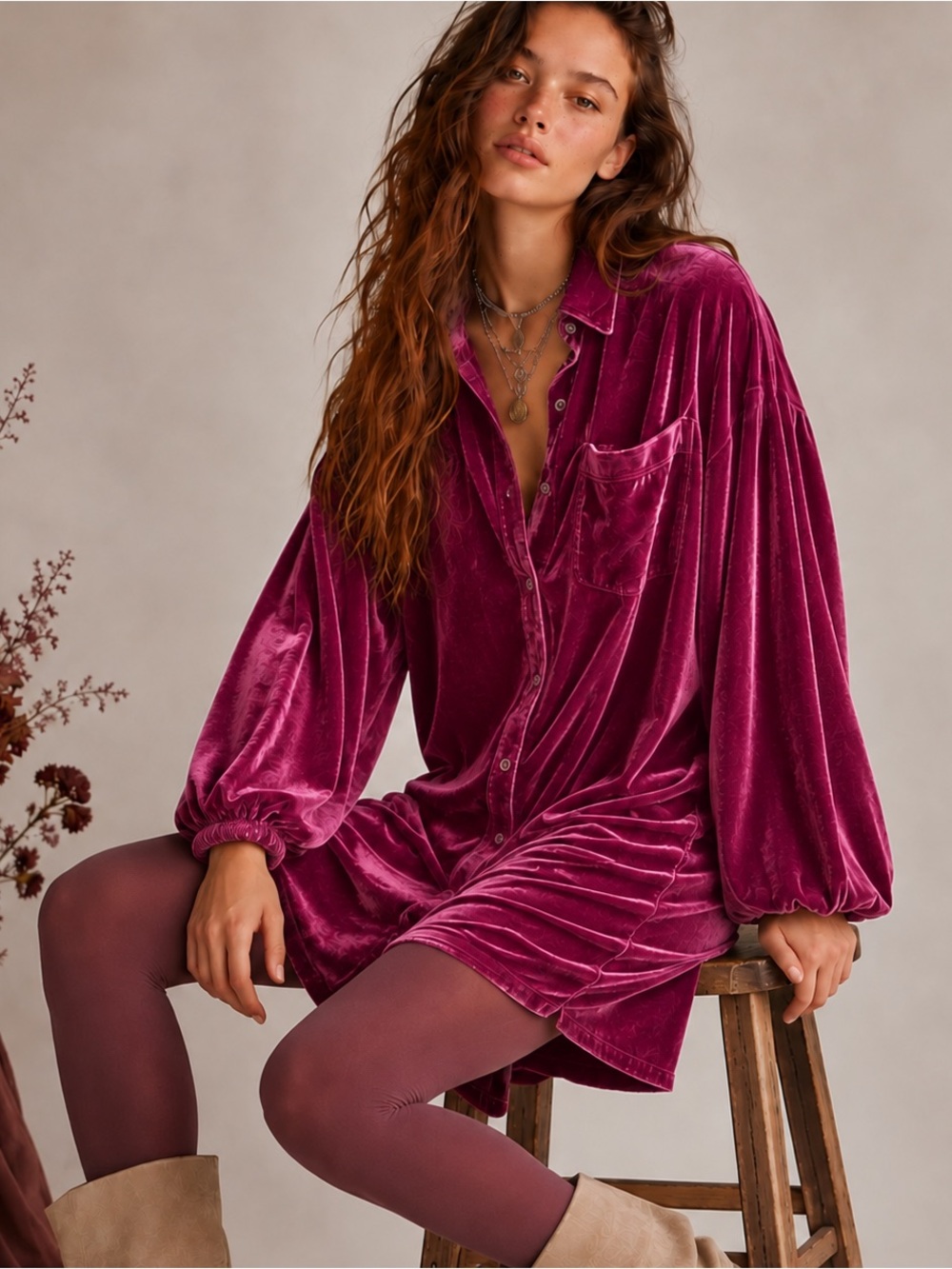 Free People Lux Velvet Shirtdress Fairytale Fuchsia Berry Oversized Mini Dress